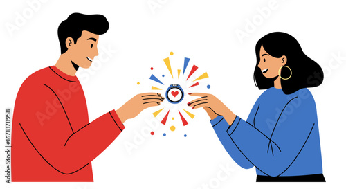 Romantic connection: couples exchanging a gift in modern cartoon style