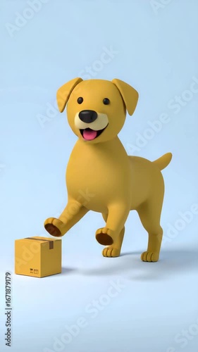 A cheerful, cartoon-style dog stands next to a cardboard box against a light blue background.