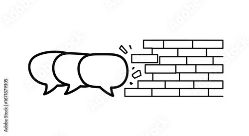 Linear speech bubbles breaking through a brick wall