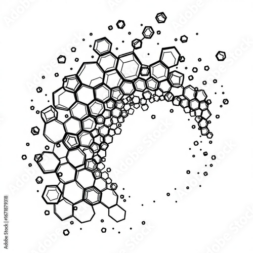 Minimilist abstract wave of interconnected hexagons and pentagons with scattered dots in black and white style vector