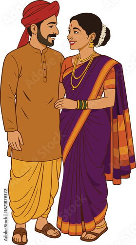 Illustration of Marathi Couple in Traditional Clothing 