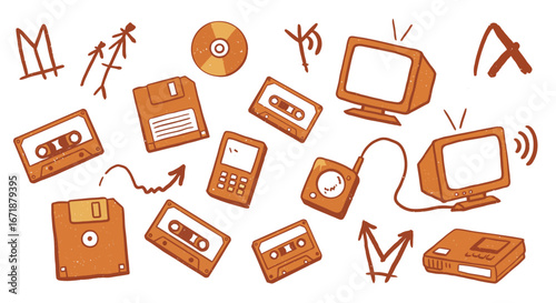 Vintage technology icons and devices in retro brown drawn style