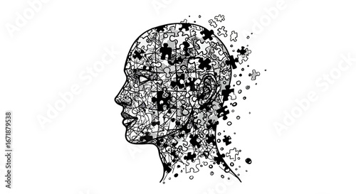 Abstract puzzle head: human mind in pieces and patterns