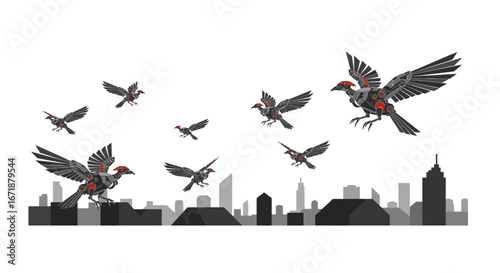 Futuristic robotic birds in flight above a modern cityscape at dusk