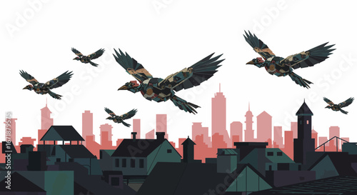 Futuristic mechanical birds flying over cityscape silhouette