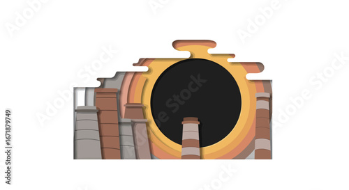 Abstract layered paper art of urban chimneys with circular sun background