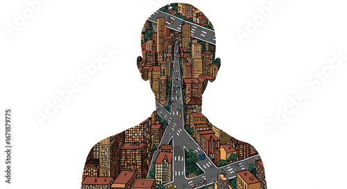 Urban silhouette with intricate cityscape overlay