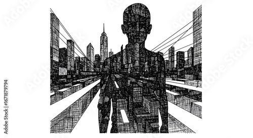 Futuristic urban silhouette of a person overlaid on cityscape skyscrapers