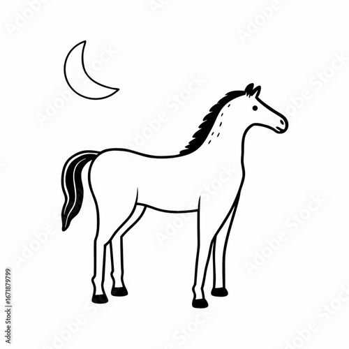 Minimilist illustration of a standing white horse with black mane and tail under a crescent moon in the sky vector