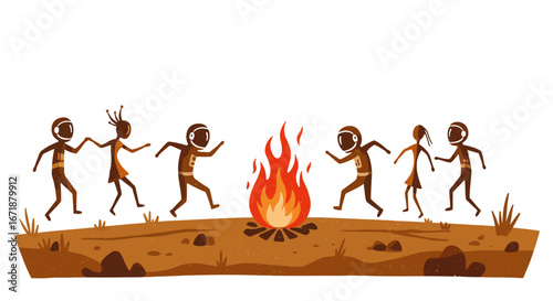 Tribal figures dancing around campfire in rustic silhouette style