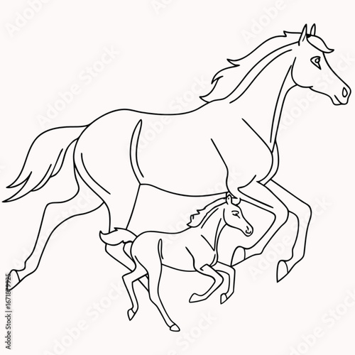 Minimilist outline drawing of a mare and foal running side by side in a white background illustration image vector