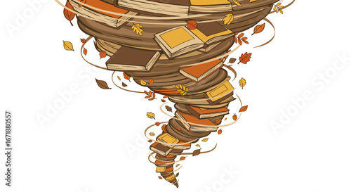 Whirling autumn book tornado with falling leaves in dynamic motion
