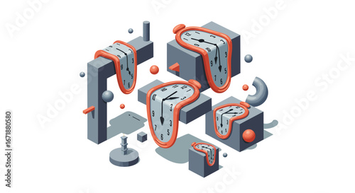 Surreal melting clocks in abstract geometric composition with isometric style