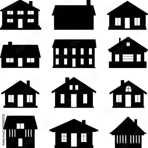 “Minimalist architectural house icons, black silhouettes on white. Twelve variations including small cottages, two-story homes, and larger houses. Grid arrangement, schematic design.”