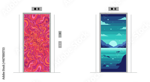 Colorful elevator doors with abstract and scenic designs
