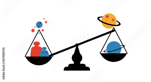 Balancing act: playful cosmic scales depicting planetary weights in minimalist style