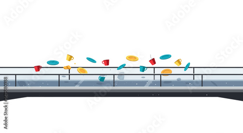 Colorful dishes in motion on minimalist table background