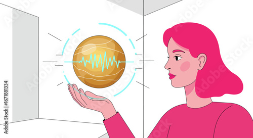Woman with vibrant pink hair controlling pulsing sphere in minimalist space