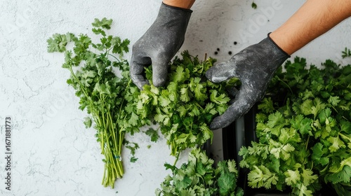 Hands in gloves handling fresh cilantro on white surface