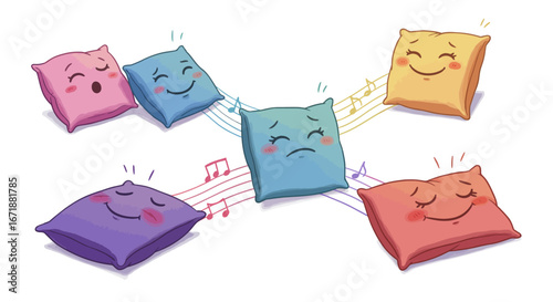Colorful cartoon pillows showcasing a range of emotions with musical notes