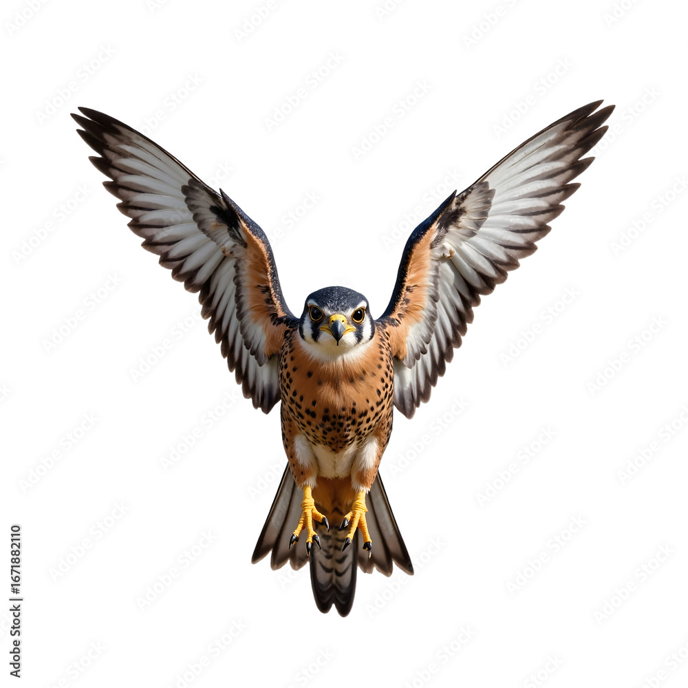 Obraz premium American Kestrel in Flight: Wings Spread Wide, Isolated on White