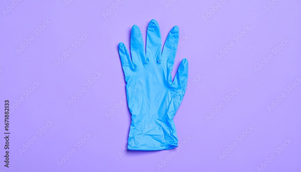 Obraz premium A single blue disposable glove lies flat on a purple background. Its smooth surface and extended fingers evoke themes of hygiene, protection, and clinical precision in a bold, minimal composition.