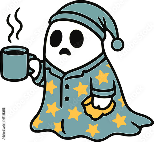Cartoon Ghost with Coffee in Pajamas