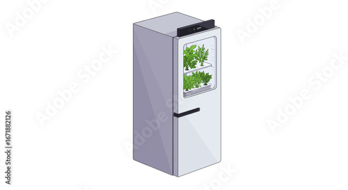 Modern isometric smart fridge with indoor herb garden