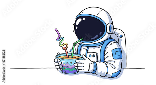 Astronaut enjoys colorful drink in space suit with glass helmet
