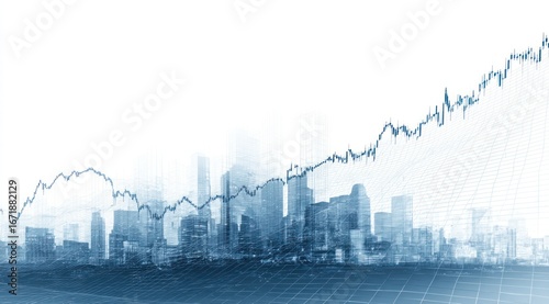 Abstract cityscape overlaid with upward trending stock chart