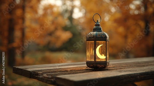 Ornate lantern with crescent moon detail sits on weathered wood, autumn scene