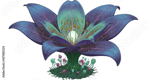 Mystical fantasy flower: glowing lunar petals in cosmic bloom