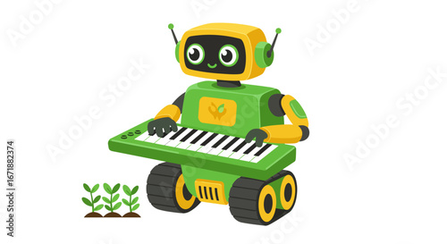Cute robot playing keyboard in garden with seedlings on wheels