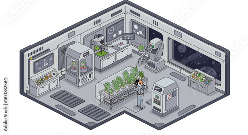 Isometric space station greenhouse with hydroponic plants and robotics