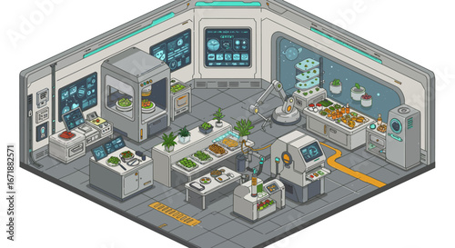Futuristic isometric space kitchen with hydroponics and advanced technology
