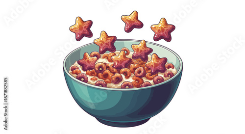 Colorful star-shaped cereal in a blue bowl with milk