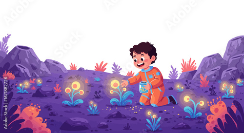Child astronaut exploring colorful alien planet with glowing plants