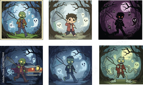 Zombie forest transformation sequence, boy to monster evolution, ghostly apparitions, spooky fantasy art, eerie character design, horror game asset, atmospheric illustration variations