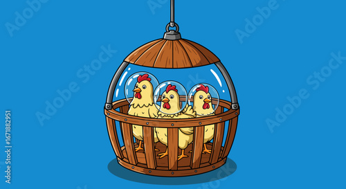 Chickens in capsule basket hanging against blue background cartoon