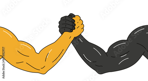 Two strong arms, one orange and one black, engaged in a friendly arm wrestling competition.