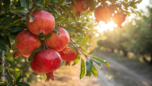 Pomegranate on tree in garden, Pomegranate hanging on tree in natural warm sunlight background