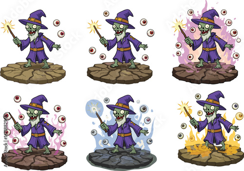 Green-skinned wizard cartoon illustration, glowing magic wand, fantasy sorcerer character, enchanted eyeball spell effects, mystical game asset design,