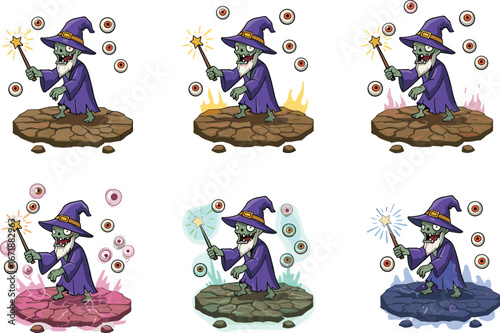 Zombie wizard cartoon illustration, magic wand glowing, fantasy character design, mystical undead sorcerer art, enchanted eyeball spell effects, game asset