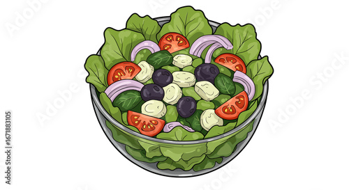 Fresh garden salad with tomatoes, olives, and onions in a glass bowl