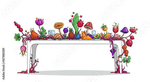 Vibrant table with colorful organic produce and plants on white background