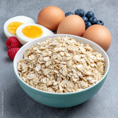 Nutritious breakfast bowl featuring oats and eggs with fresh berries in a low sugar scene for healthy eating