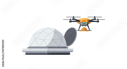 Drone hovering near futuristic dome on white background