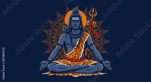 Serene Lord Shiva in meditative lotus pose, adorned with a tiger skin and trident.