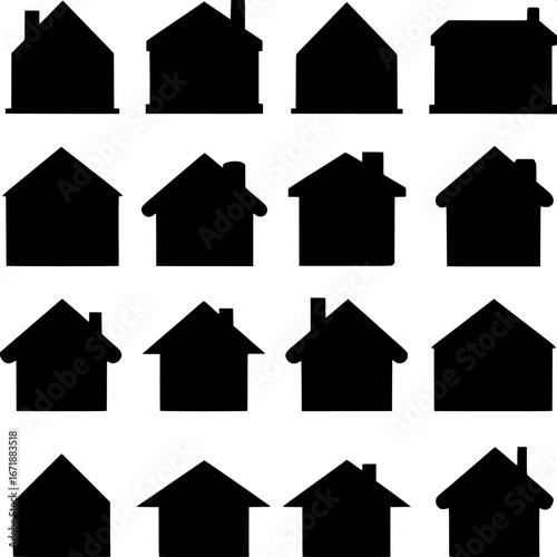 Collection of black silhouette houses, twelve in total, each a different shape and size. Minimal design, schematic, flat frontal perspective, grid layout.”