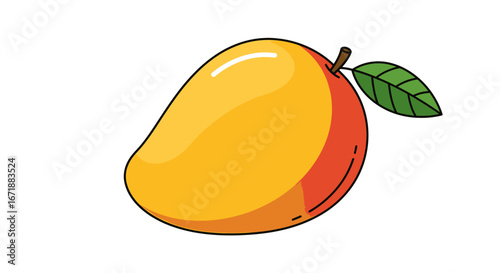 A vibrant, cartoon-style illustration of a ripe, juicy mango fruit with a green leaf.